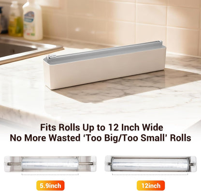 Plastic Wrap Dispenser with Cutter - Magnetic Plastic Wrap Dispenser for Kitchen & Home, Refillable Food Cling Wrap Holder, Easy to Attach to Refrigerator, Fits 12" Rolls, Smooth Cutting Design