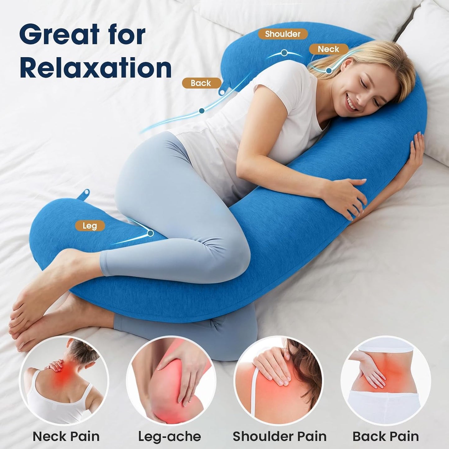 TranquilRelax C Shaped Body Pillow for Side Sleepers, Memory Foam Long Pillow for Leg, Hip & Back Support, Soft Washable Cover,Grey-47"*10"