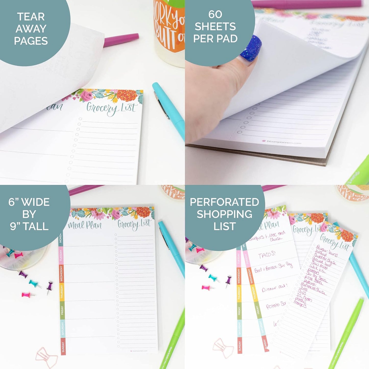 bloom daily planners Weekly Meal Planning Pad - Magnetic Hanging Refrigerator Menu Planner with Tear-Off Sheets & Perforated Grocery Shopping Lists - 6” x 9” (Pink Floral)