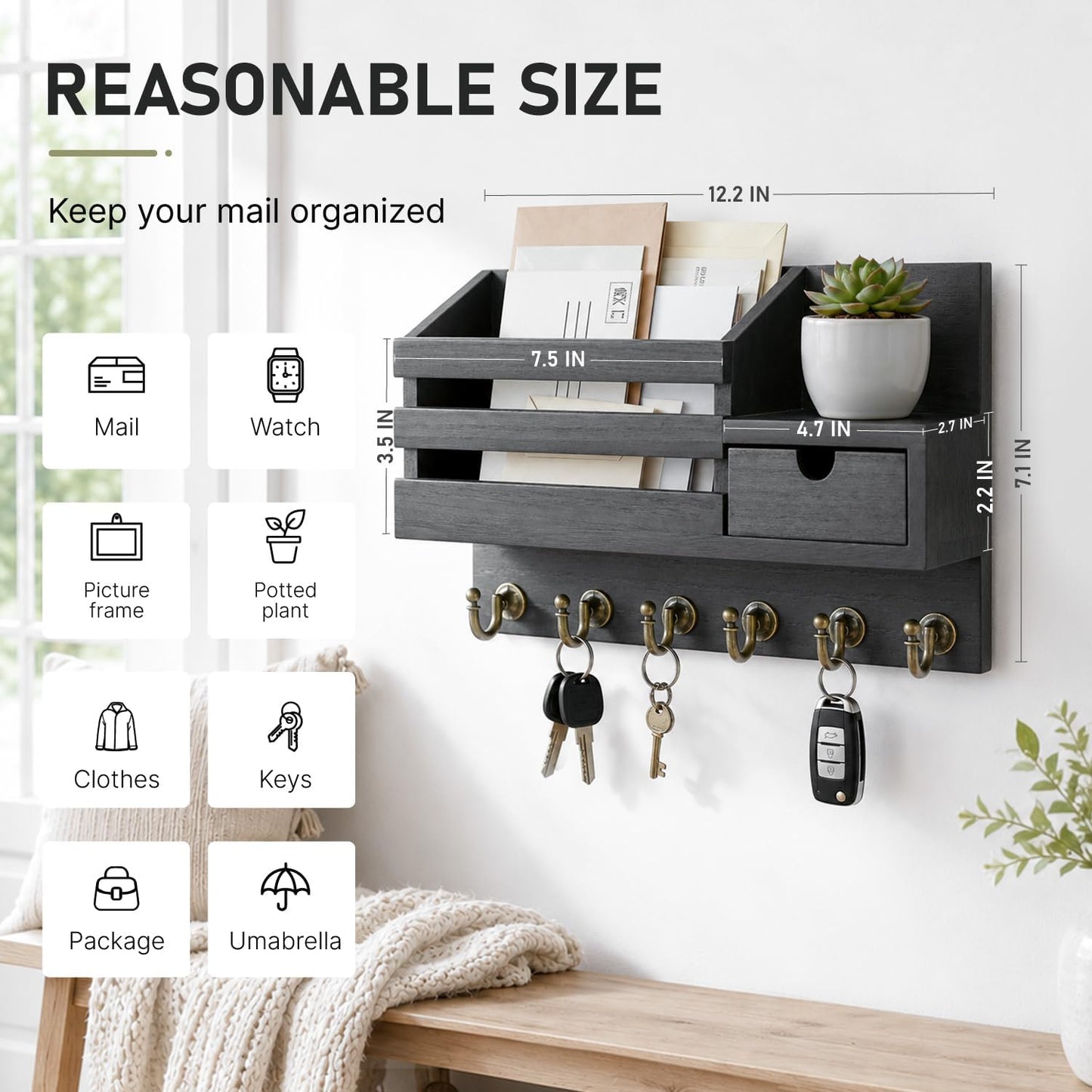 FifthQuarter Key and Mail Holder Wall Mount with Drawer and 6 Sturdy Hooks | Cute Rustic Farmhouse Wooden Key Hanger, Reliable Entryway Organizer for Keys and Daily Essential, Easy Installation, A-White