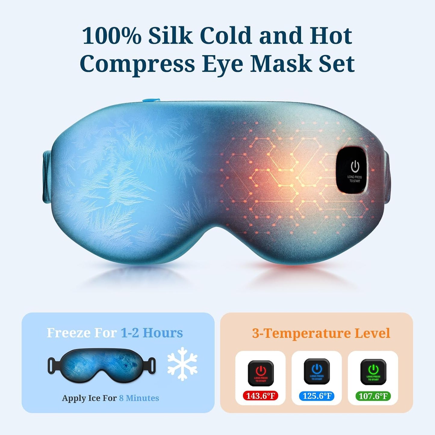 100% Silk Wireless Heated Eye Mask with Cooling, Relieves Dry Eye Syndrome and Puffy, Reduces Dark Circles, Adjustable Velcro Design and Washable Cover, Suitable for Travel & Gifts-Blue