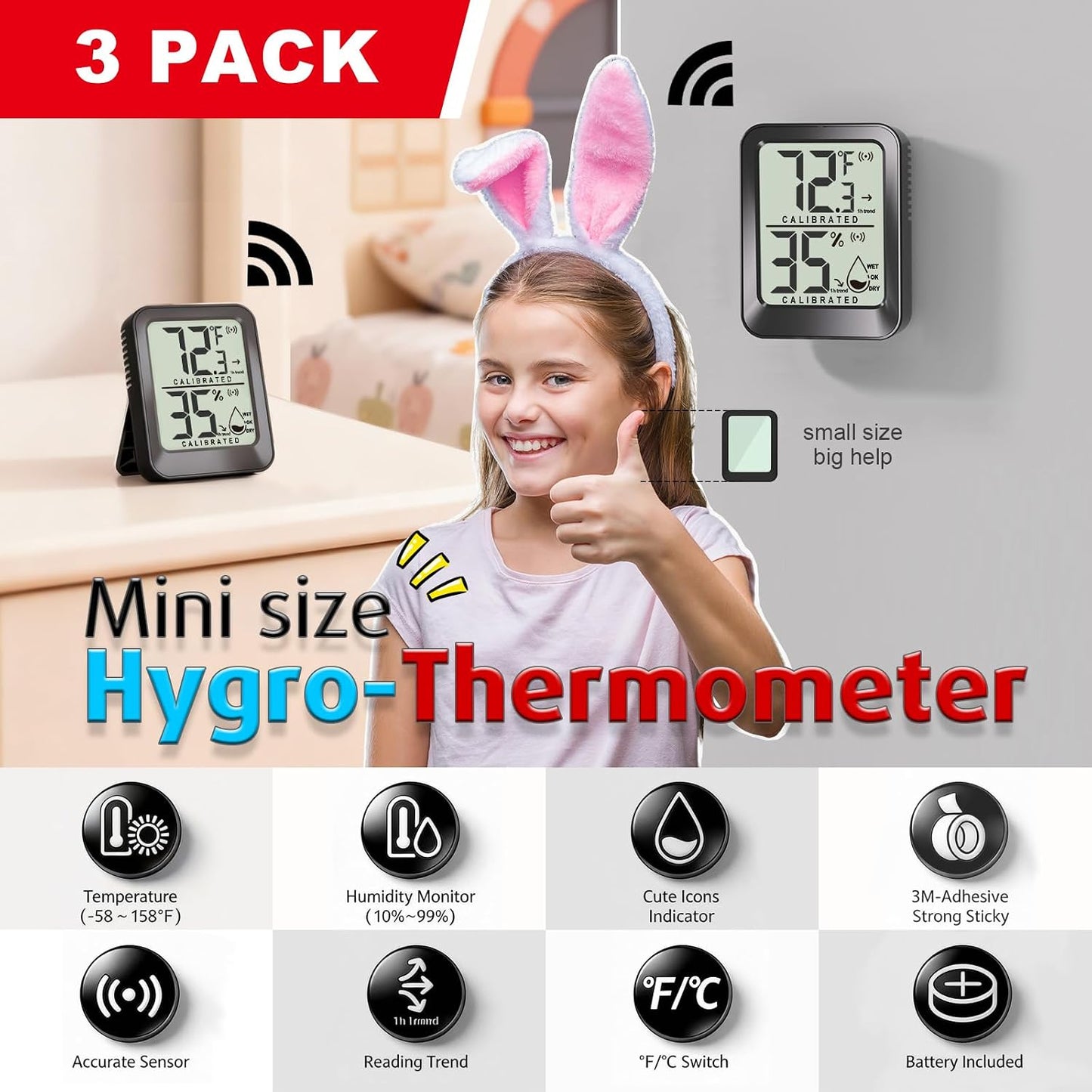 AyayaBoss 3 Pack Room Thermometer Indoor Hygrometer | Mini Size, Monitor Temperature & Humidity, Accurate Fast Read, Easy To View, Kickstand/Hanging/Wall Adhesive, ℉/℃, w/ Battery
