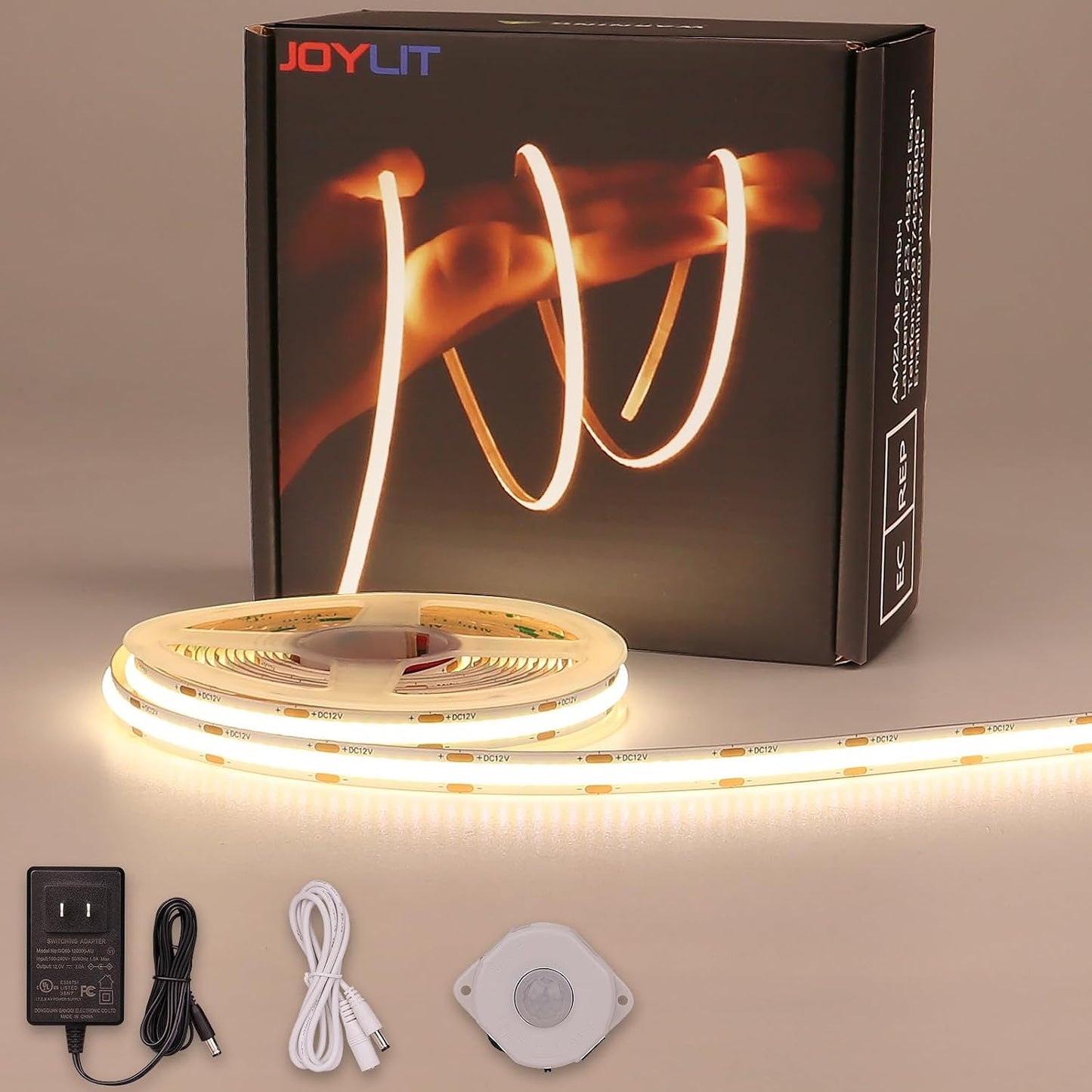JOYLIT Dotless Motion Sensor COB LED Strip Kit 16.4FT 6000K Indoor | Dual Day/Night Modes, 0-300S Auto-off Delay, 320 LEDs/M Cool White, Includes 12V Adapter, PIR Sensor, Extension Cord