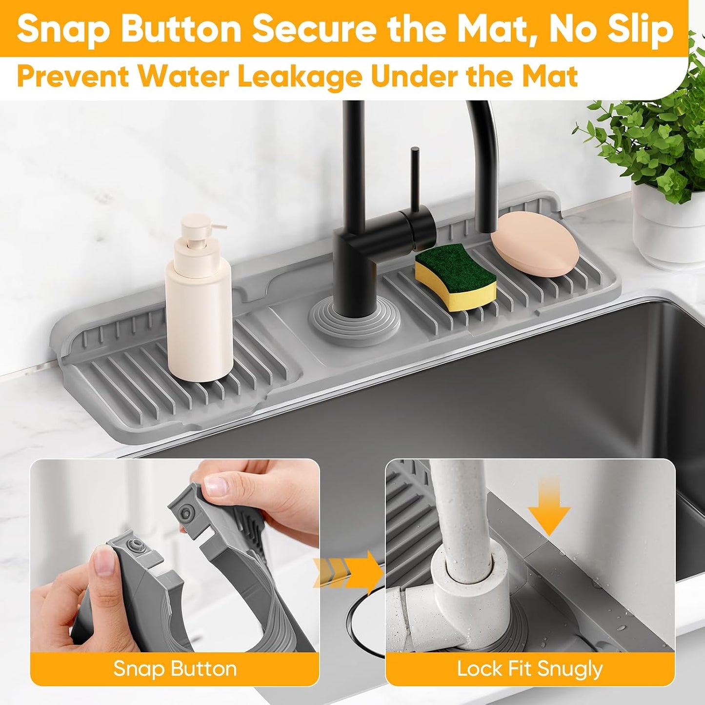 24'' Longer Faucet Mat for Kitchen Sink Splash Guard[7° Slope Fast Self-draining][Snap Lock Fit]Kitchen Sink Faucet Mat Splash Guard Kitchen Sink Area Water Splash Guard Behind Faucet Draining Mat