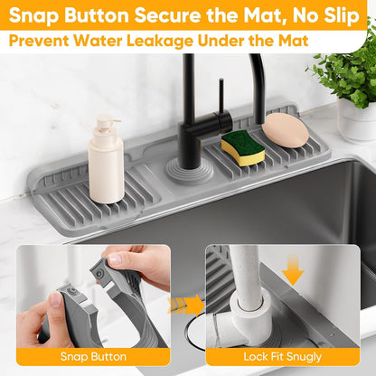 24'' Longer Faucet Mat for Kitchen Sink Splash Guard[7° Slope Fast Self-draining][Snap Lock Fit]Kitchen Sink Faucet Mat Splash Guard Kitchen Sink Area Water Splash Guard Behind Faucet Draining Mat