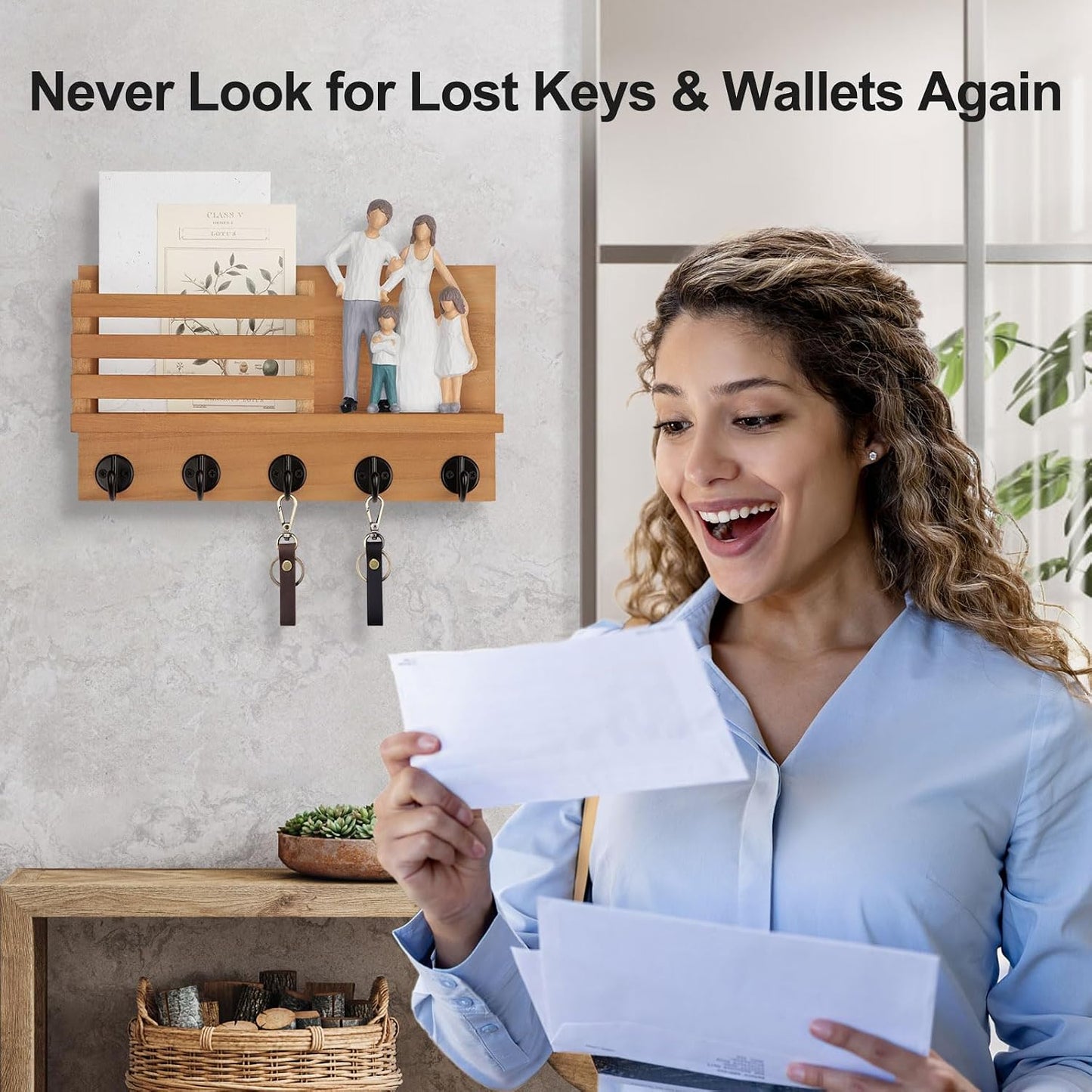 Lwenki Key Holder for Wall – Decorative Wooden Mail Holder and Key Shelf with Mounting Hardware, Installation Guide – Paulownia Wood with Metal Key Hooks (Black, Large - 11.8inch)