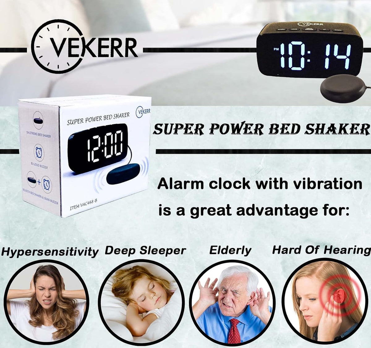 Loud Alarm Clock with Bed Shaker, Vibrating Alarm Clock for Heavy Sleepers, Multifunctional Digital Alarm Clock, Deaf and Hard of Hearing, Full Range Dimmer and Battery Backup (Black, 1)
