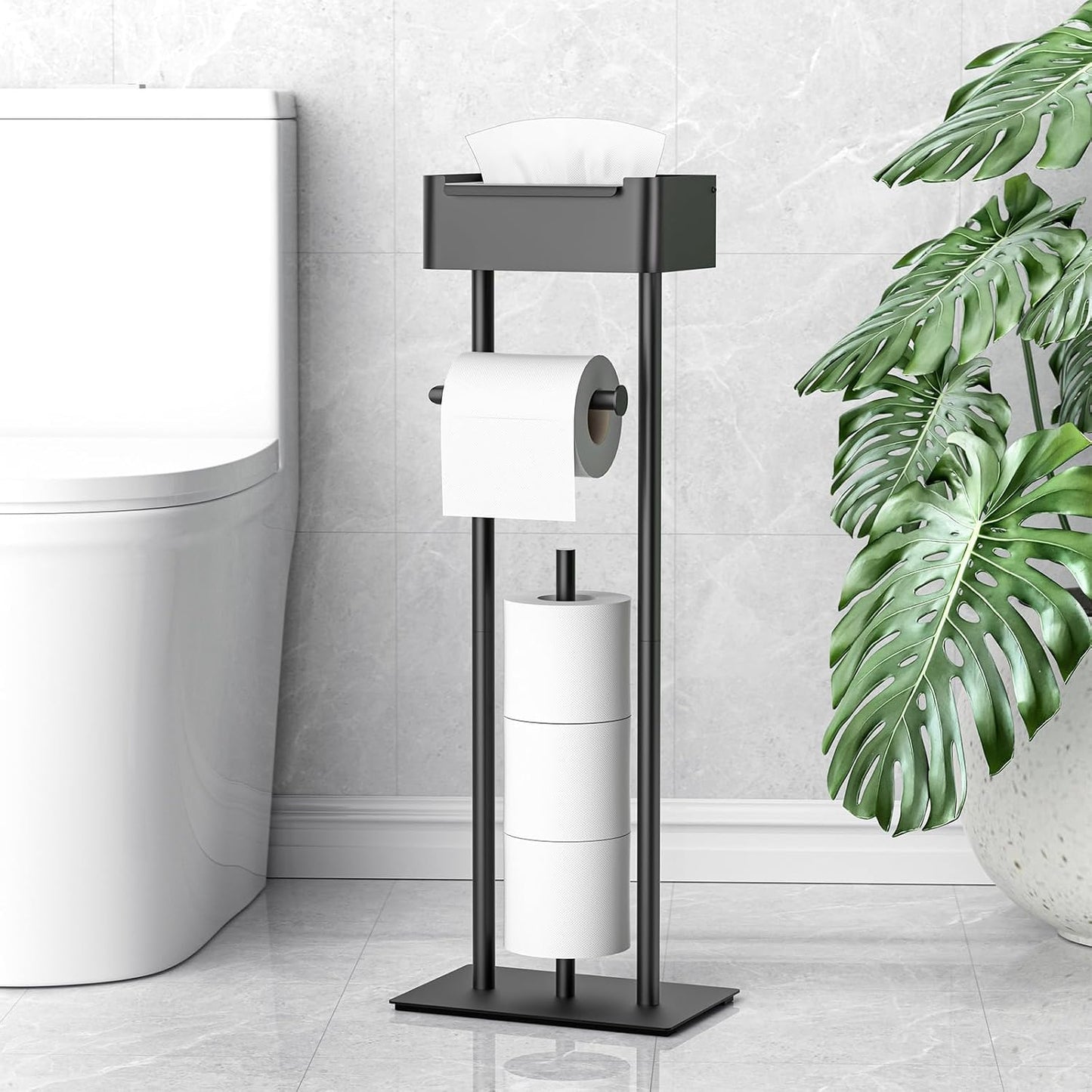 Toilet Paper Holder Free Standing - Toilet Paper Stand with Shelf | Storage for 4 Rolls- Bathroom Organizers, No Drill, for Large Toilet Rolls, 29.7 inch*12.6 inch (Matte Black)