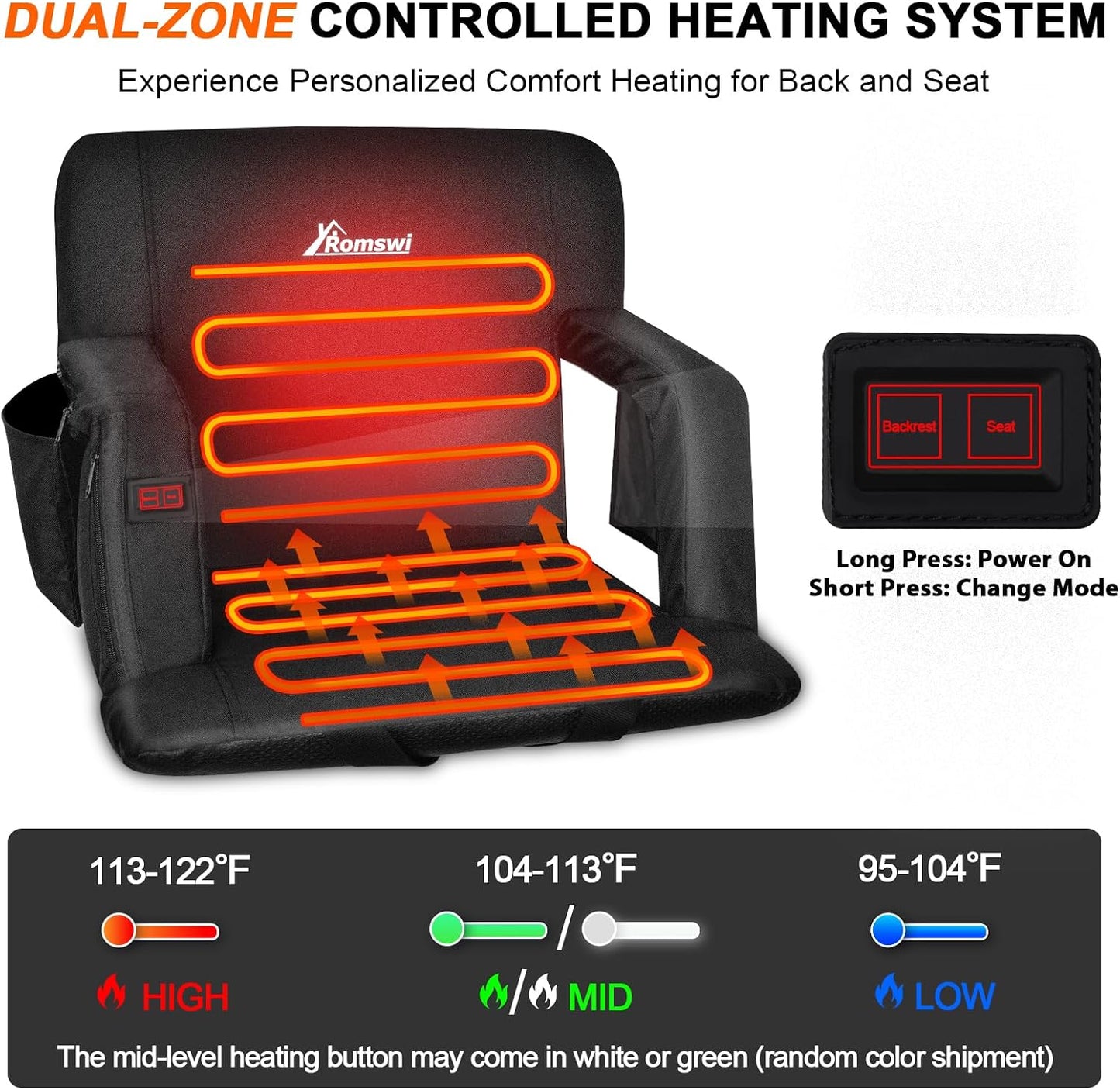 2PK 21in Extra Wide Dual-Zone Heated Stadium Chairs for Bleachers with Back Support,3-Level Heating Foldable Bleacher Chair, 6 Reclining Positions, 5 Pockets, Buckle & Hooks Fasten for Outdoor