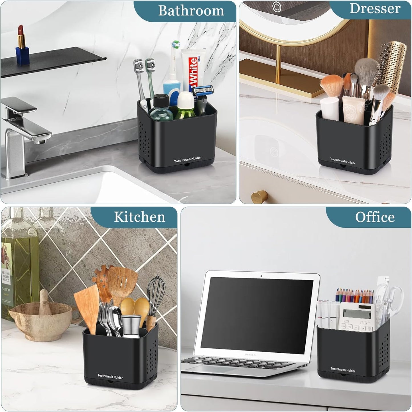 Bathroom Toothbrush Holders, Toothbrush and Toothpaste Holder (Wood Grain) | Easy To Clean, Drainage, Removable, Non-Slip, 4 Slots Tooth Brush Holder for Bathroom Countertop Organizer