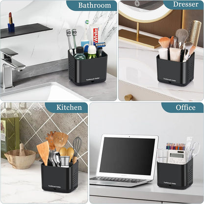 Bathroom Toothbrush Holders, Toothbrush and Toothpaste Holder (Wood Grain) | Easy To Clean, Drainage, Removable, Non-Slip, 4 Slots Tooth Brush Holder for Bathroom Countertop Organizer