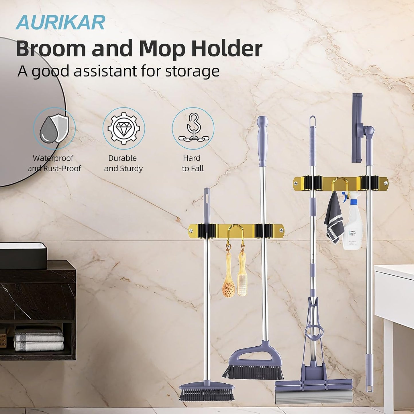 Broom Holder Wall Mount, Stainless Steel Mop and Broom Organizer, Broom Hanger with 2 Slots 2 Hooks for Home Kitchen, Garage, Garden and Laundry Room, Black