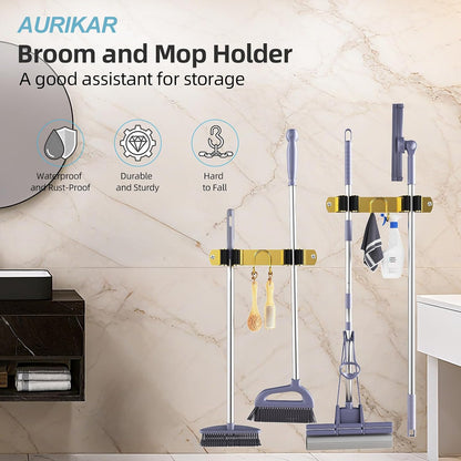 Broom Holder Wall Mount, Stainless Steel Mop and Broom Organizer, Broom Hanger with 2 Slots 2 Hooks for Home Kitchen, Garage, Garden and Laundry Room, Black