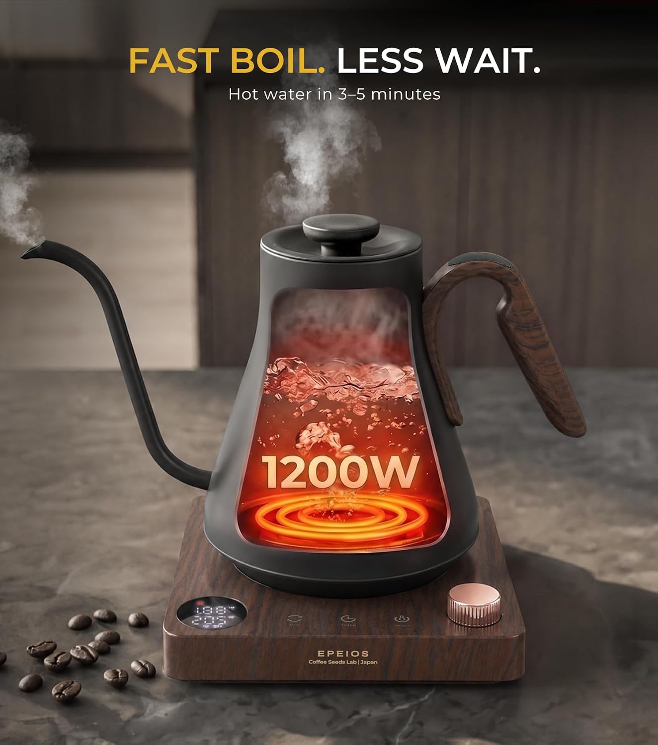 Epeios Gooseneck Electric Kettle 1°F Temperature Control,1200W,0.9L,Black | Rapid Heating, for Pour Over Coffee & Tea,Hot water Boiler,Brew Timer, 304 Stainless Steel Interior, Auto Shut-Off