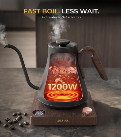 Epeios Gooseneck Electric Kettle 1°F Temperature Control,1200W,0.9L,Black | Rapid Heating, for Pour Over Coffee & Tea,Hot water Boiler,Brew Timer, 304 Stainless Steel Interior, Auto Shut-Off