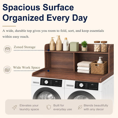 Royxen Washer Dryer Countertop with Extra Tall Shelf, 19" Height Washer and Dryer Topper, Laundry Countertop with Non-Slip Pads, Universal Fit for Laundry Room Organization, Walnut