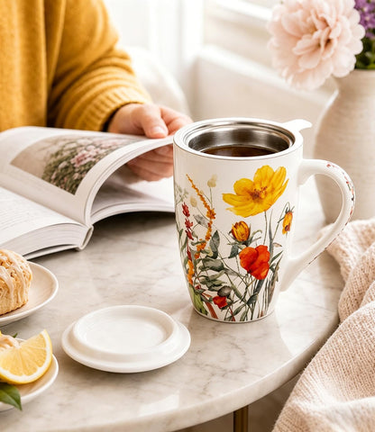 AmorArc Tea Cup With Infuser and Lid, 18oz Loose Leaf Tea Mug With Steeper | Porcelain Tea Mug With Infuser and Lid, Strainer Tea Cup for Tea Lovers, Home & Office, Housewarming Birthday Gift