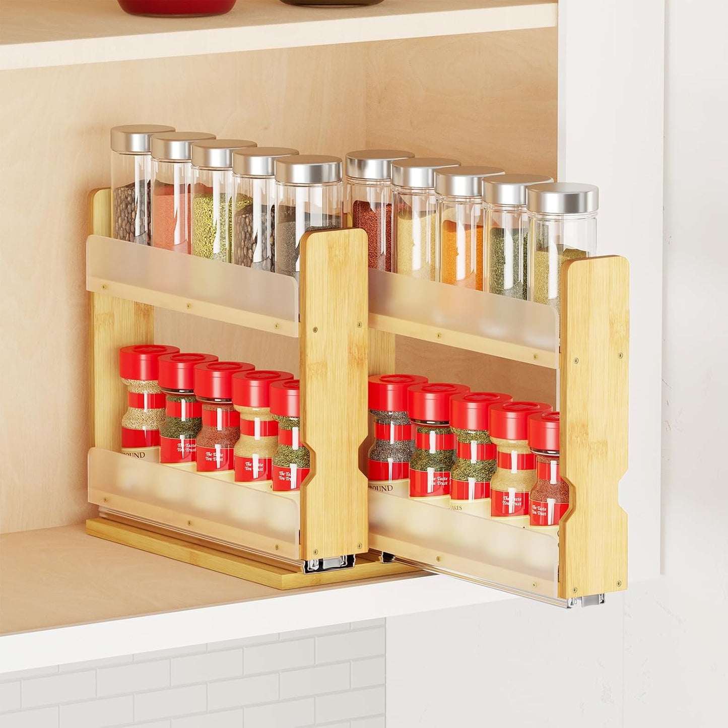 SpaceAid Bamboo Pull Out Spice Rack Organizer for Cabinet, Heavy Duty Slide Out Seasoning Kitchen Pantry Sliding Vertical Organization, 7.6" Wide, 3 Drawers(2" Wide), 2-Tier, Natural