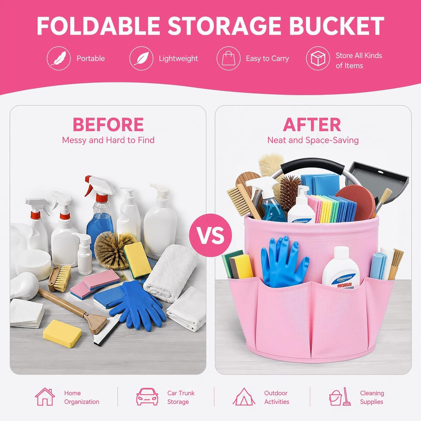 Cleaning Caddy with Handle, 17L Foldable Storage Basket, Heavy Duty 600D Oxford Cloth Organizer, Portable Supply Bag, Multi-Purpose Supplies Caddy for Home, Bathroom, Kitchen, Garden - Black
