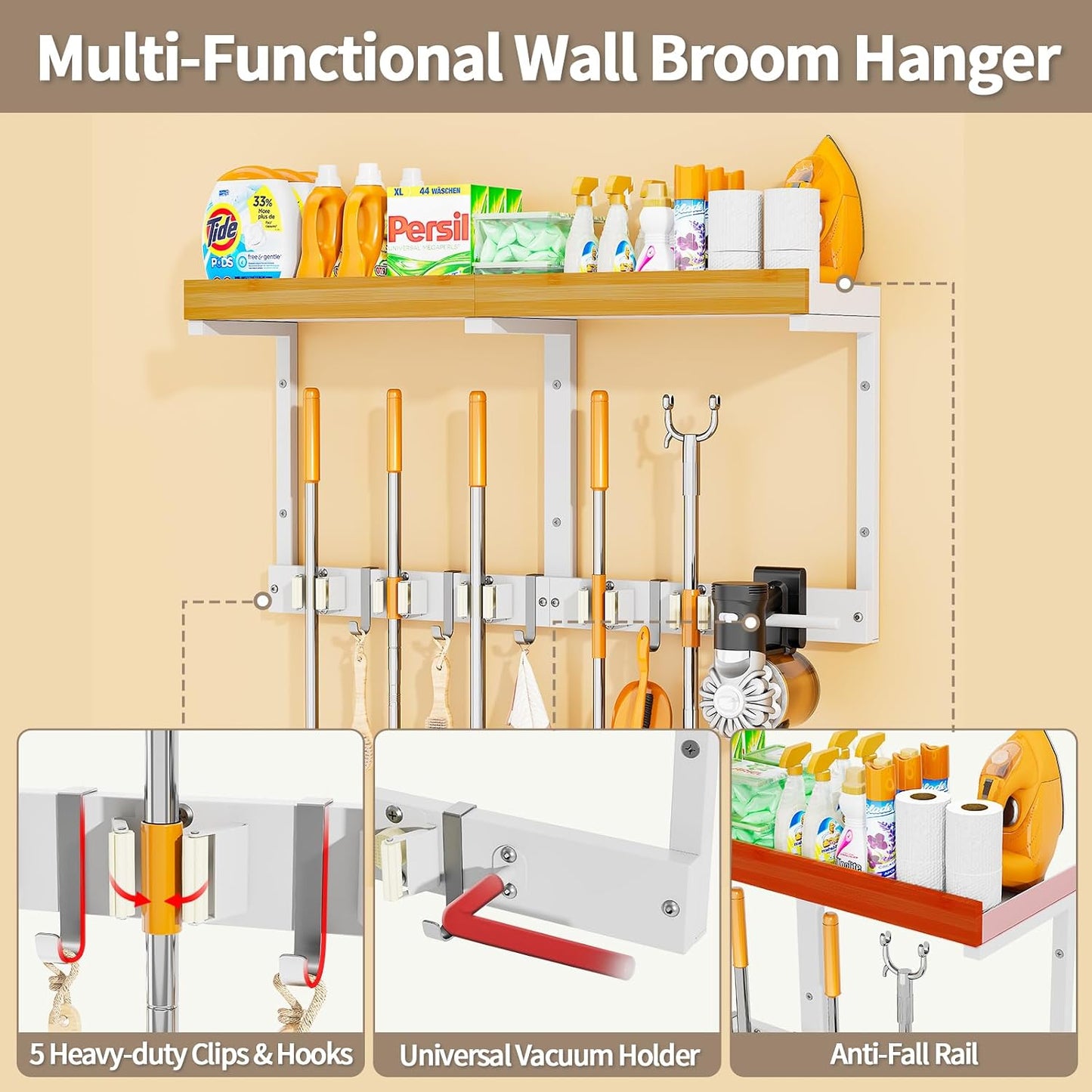 Broom and Mop Organizer Wall Hanging, Broom Hanger Holder Wall Mount | 3-in-1 Mop and Broom Holder Wall Mount with Storage Shelf & Vacuum Organizer,5 Racks,5 Hooks for Garage,Kitchen,Laundry Room
