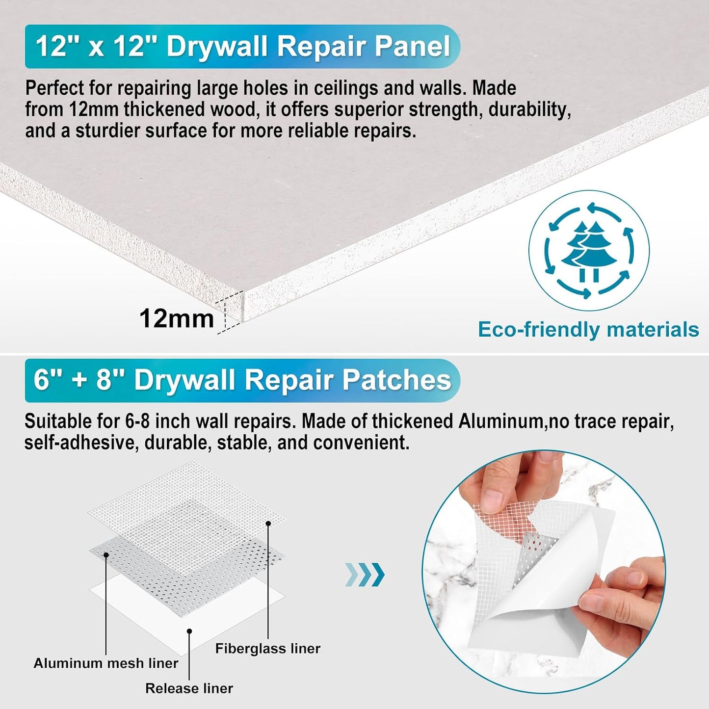 Drywall Repair Kit with 12"x12" Dry Wall Repair Panel, 33-in-One Drywall Patch Kit Wall Patch Repair Kit with Spackle, Mesh Tape, Putty Knives & Sanding Block for Wall Surface Ceiling Large Hole Fill