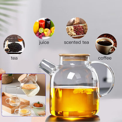 60.8oz Glass Teapot, Stovetop & Microwave Safe Glass Borosilicate Tea Pot,Clear Teapot with Strainer, Glass Tea Kettle with Wooden Lid, Loose Leaf、Fruit Tea and Fragrant Tea