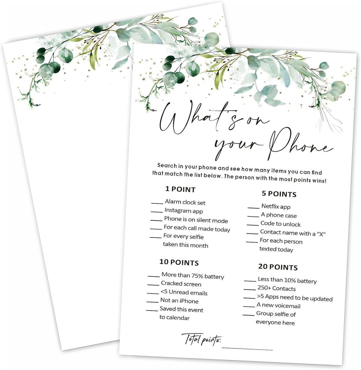 What’s on Your Phone Game Cards Set of 30, 5x7 in Icebreaker Bingo Cards, Greenery Office Team Games, Birthday Party Games for Adults, Back to School - 02