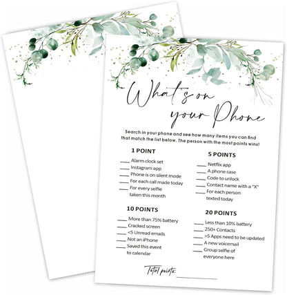 What’s on Your Phone Game Cards Set of 30, 5x7 in Icebreaker Bingo Cards, Greenery Office Team Games, Birthday Party Games for Adults, Back to School - 02