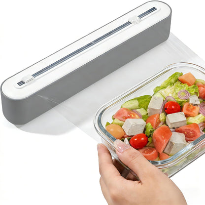 Plastic Wrap Dispenser with Cutter, Gray and White, 15 Inch, Traceless Adhesive Mount, Kitchen Food Storage