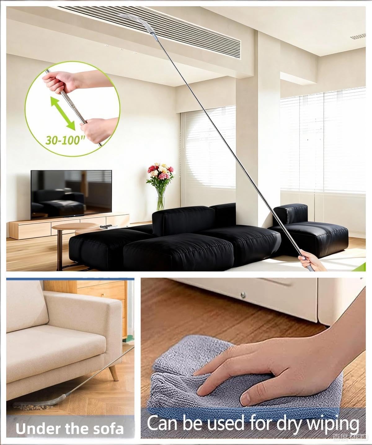 Retractable Gap Dust Cleaner Under Appliance Cleaning Tool, GMLRKY Flat Duster for Under Refrigerator Fridge Stove Couch Bed, Skinny Thin Duster for Tight Spaces (Blue)