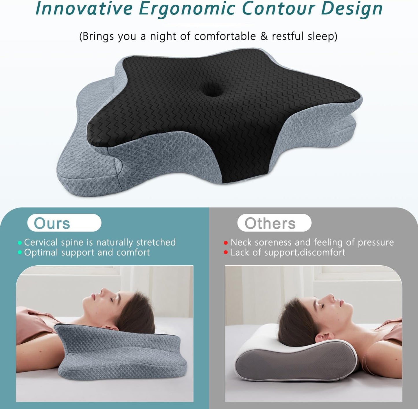 CHxxy Memory Foam Pillows, Cervical Pillow for Neck & Shoulder Pain Relief | Ergonomic Contour Bed Pillow, Soft for Side Sleep Stomach Sleeping and Back Sleeper-Queen Size&Grey