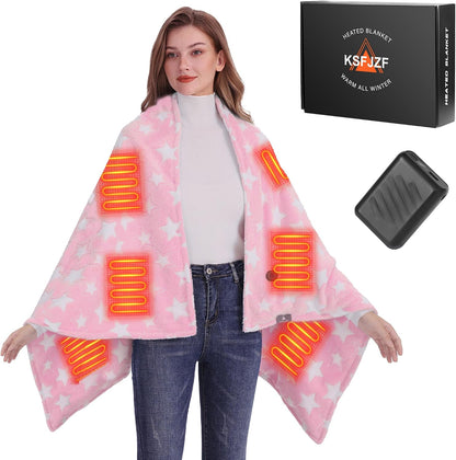 KSFJZF Heated Blanket, Cordless Portable Heated Throw Blanket, Battery Operated Heating Blanket with Rechargeable 20000mAh Power Bank, 59" x 35.5" Electric Heated Shawl, 3 Fast-Heating Levels (Pink)