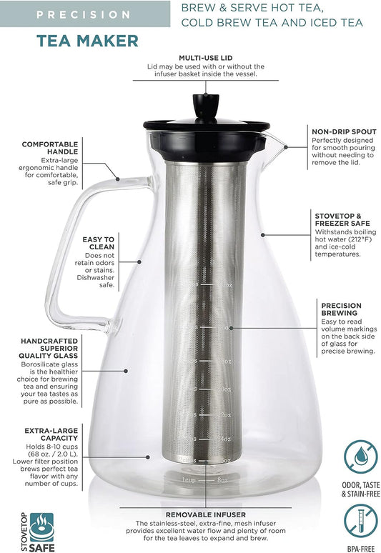 Teabloom Extra-Large Multi-Brew Glass Teapot + Kettle + Pitcher (68 OZ / 2.0 L / 8 CUPS) – For Hot Tea, Iced Tea, Cold Brew Tea and Fruit Infused Water – Volume Markings For Precise Brewing
