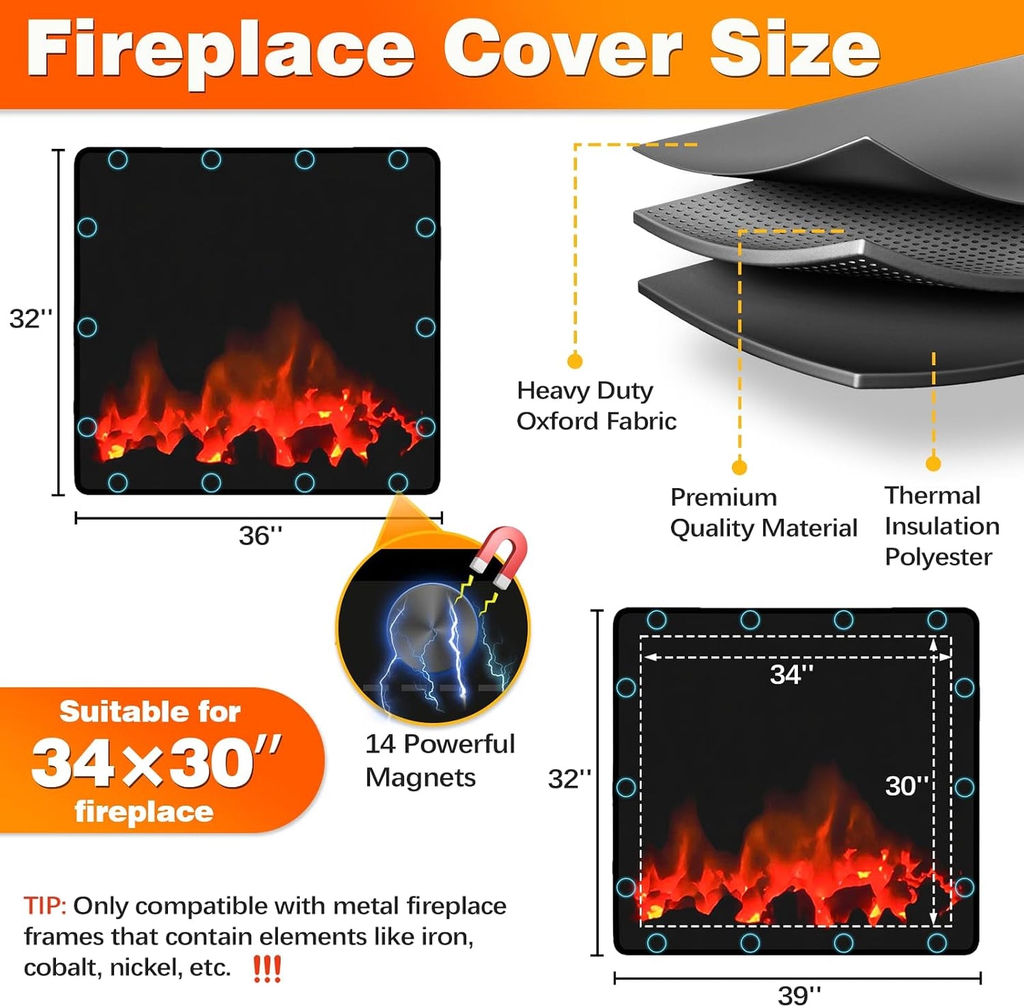Magnetic Fireplace Cover, Fireplace Blocker Blanket Stops Heat Loss36"x32" | Indoor Fireplace Draft Stopper Cover Keep Drafts Out with Built-in 12 Strong Magnet for Iron Fire place Frame