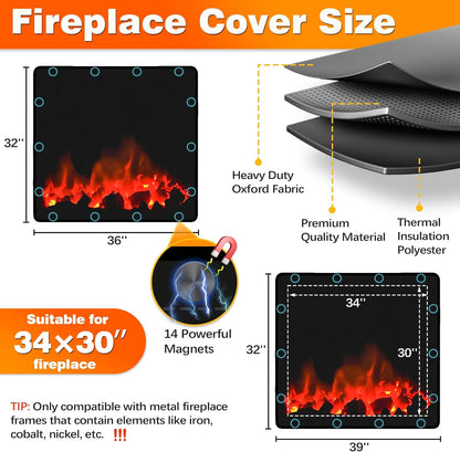 Magnetic Fireplace Cover, Fireplace Blocker Blanket Stops Heat Loss36"x32" | Indoor Fireplace Draft Stopper Cover Keep Drafts Out with Built-in 12 Strong Magnet for Iron Fire place Frame