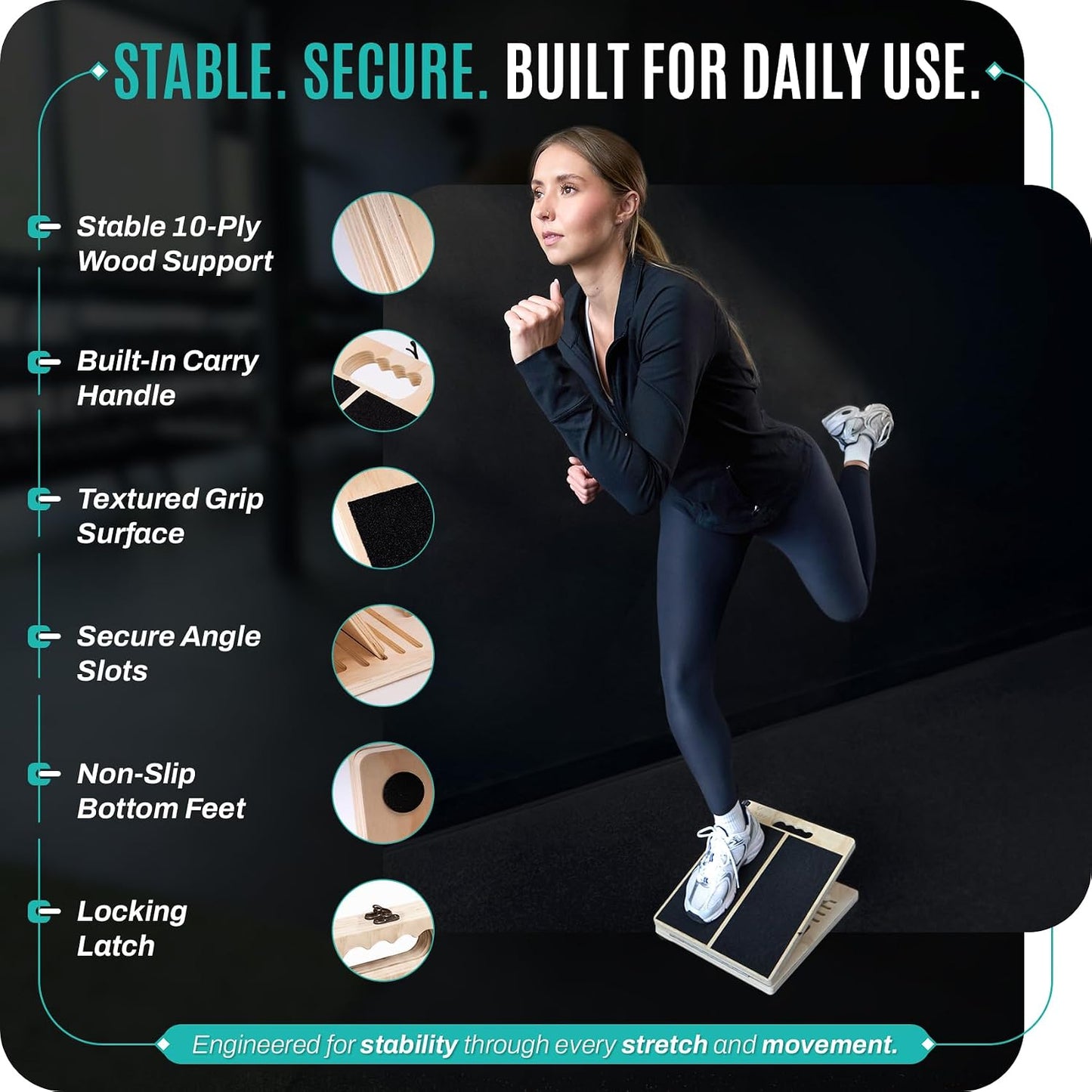 Portable Wood Slant Board, Adjustable Squat Wedge, Calf Stretch | Foldable wood slant board, 5 adjustable angles (20-40°); calf stretch, squat wedge, heel-elevated squats, ankle mobility