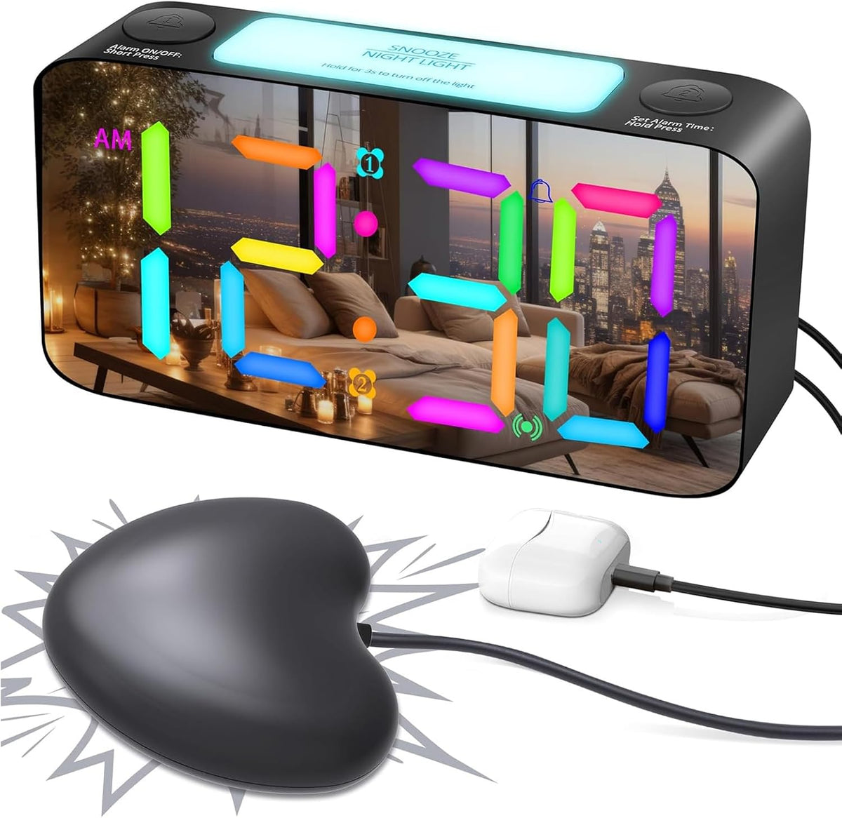 LoudVibrating Alarm Clock for Heavy Sleepers, Alarm Clock with Bed Shaker, Large LED Digital Display Alarm with Corded Vibrator for Hearing Impaired Deaf Teens Adults
