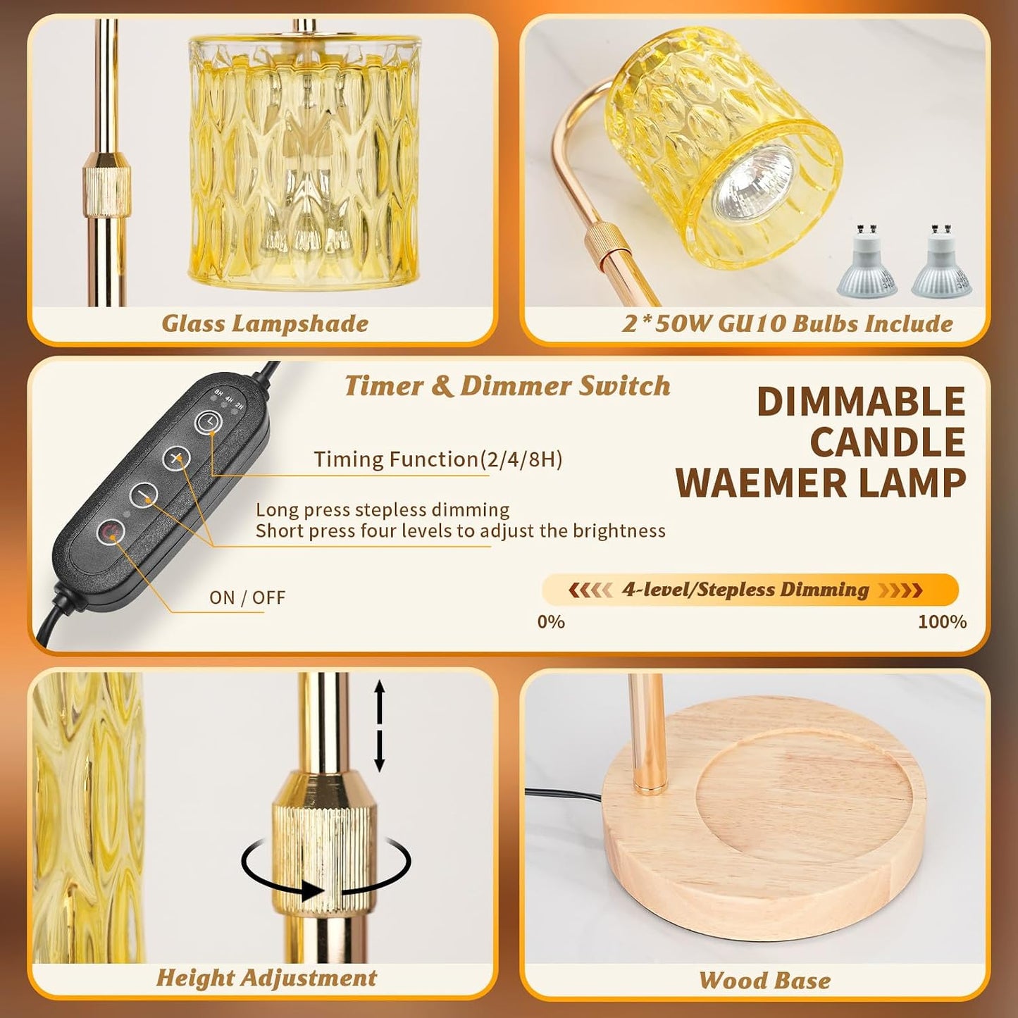 HAIDOLIANG Blue Candle Warmer Lamp with Timer and Dimmer | Height and Brightness Adjustable,Glass Electric Wax Warmer with 2 Bulbs for Women Gifts, Home Decor for Scented Jar Candles