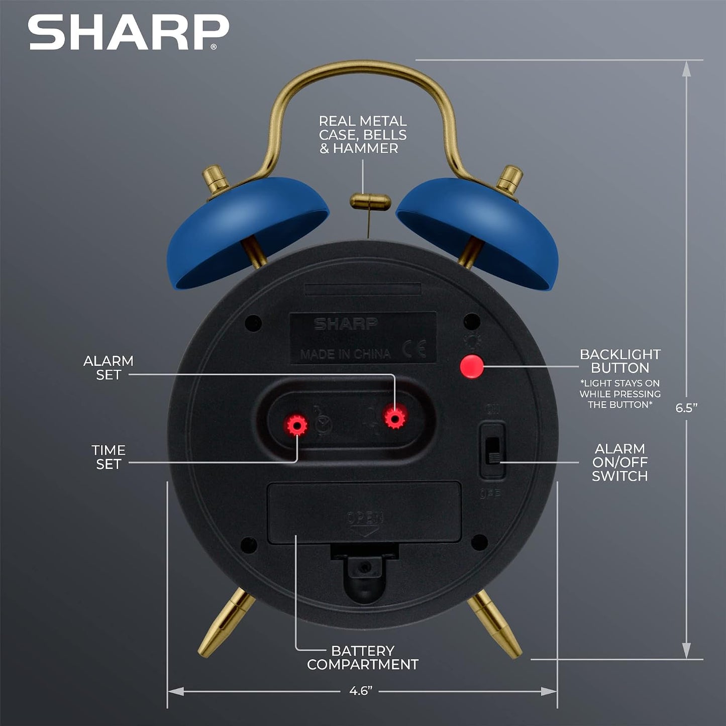 Sharp 4-Inch Twin Bell Alarm Clock for Heavy Sleepers (Matte Navy) | Extra-loud metal bell alarm, quiet quartz movement, press-button backlight, rustic bronze accents, battery operated