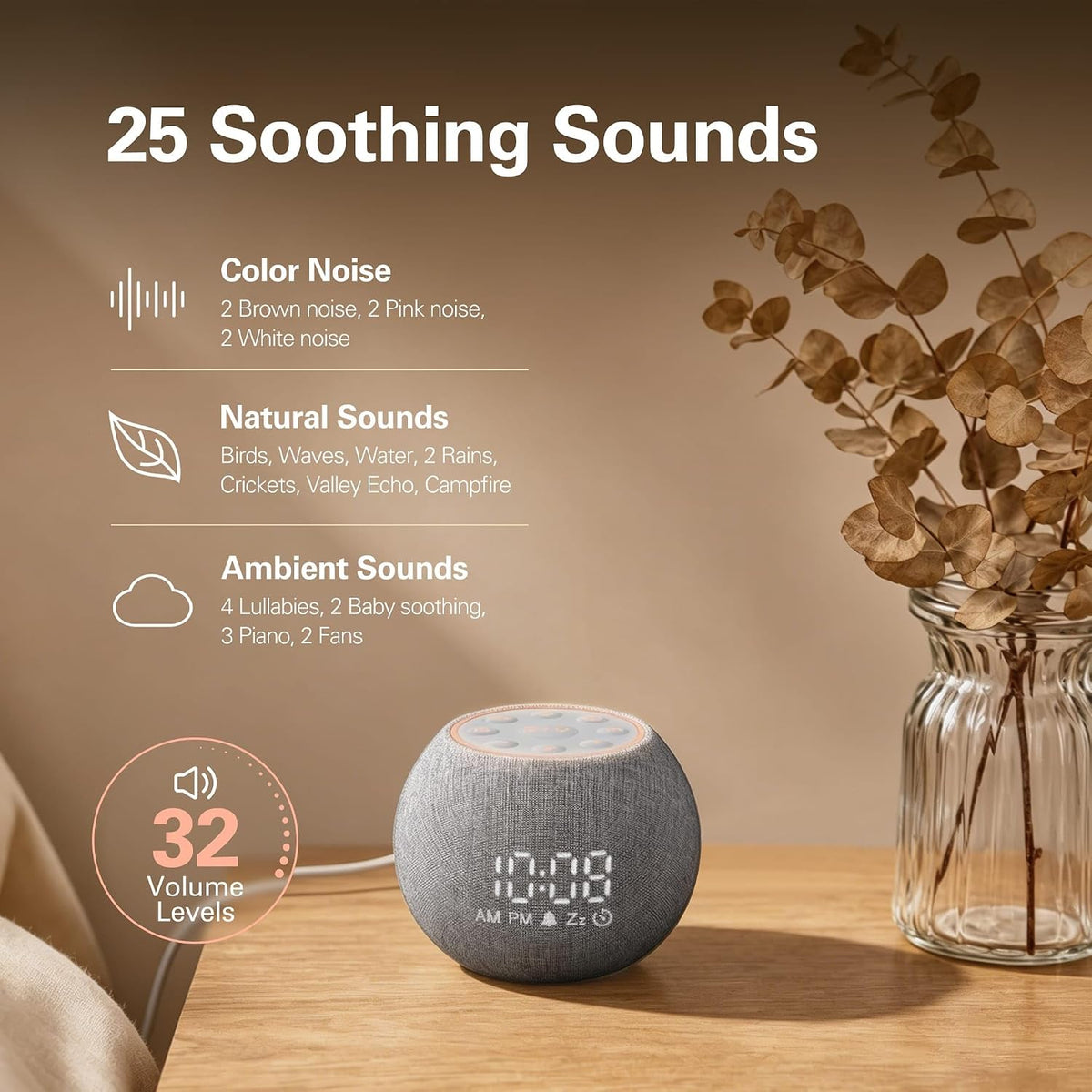 Zarler Sound Machine Alarm Clocks for Bedrooms, White Noise Machine 25 Soothing Sounds for Light Sleepers, 7 Gentle Alarms for Wake Up, 0-100% Dimmable Display, Warm Night Light, 4H Auto-Off Timer