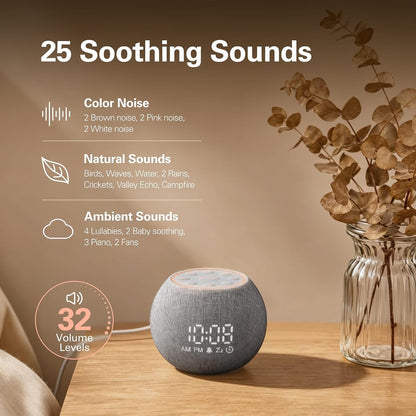 Zarler Sound Machine Alarm Clocks for Bedrooms, White Noise Machine 25 Soothing Sounds for Light Sleepers, 7 Gentle Alarms for Wake Up, 0-100% Dimmable Display, Warm Night Light, 4H Auto-Off Timer