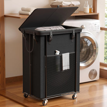 Laundry Hamper with Wheels, 150L Rolling Laundry Basket with Bag & Handles | Sturdy Metal Frame | Removable Bag | Large & Tall Dirty Clothes Hampers for Laundry Room, Bedroom, Dorm, Bathroom-Black