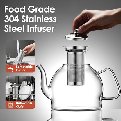 Glass Teapot, 40oz/1200ml Tea Pot with Removable Infuser for Loose Tea | Stovetop Safe Borosilicate Glass Tea Kettle with Strainer and Lid, Hand Crafted Clear Teapot with Scale Line,Tea Brewer Guide