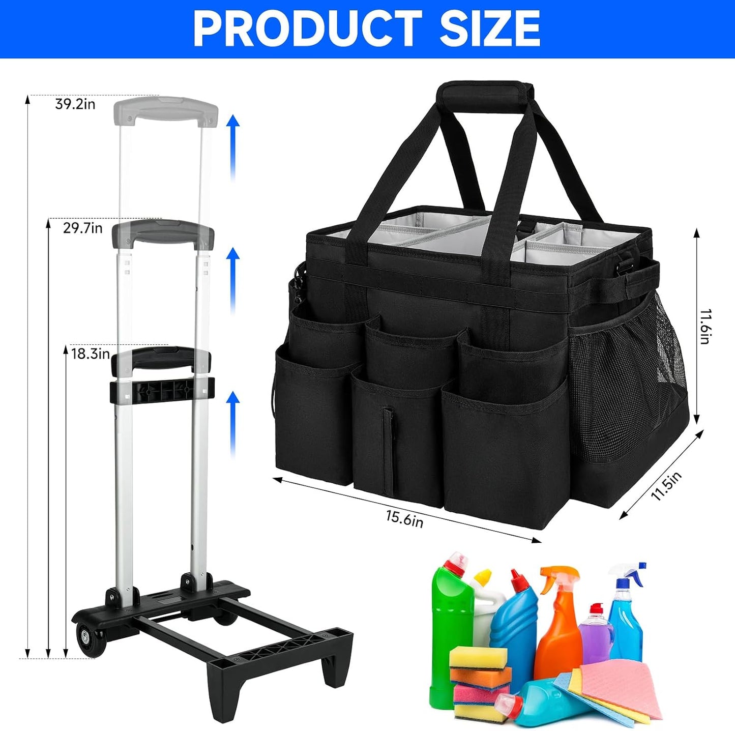 Large Rolling Cleaning Caddy Bag with Detachable Trolley,Cleaning Cart on Wheels with Shoulder Strap,Cleaning Supplies Organizer for Housekeepers,Purple