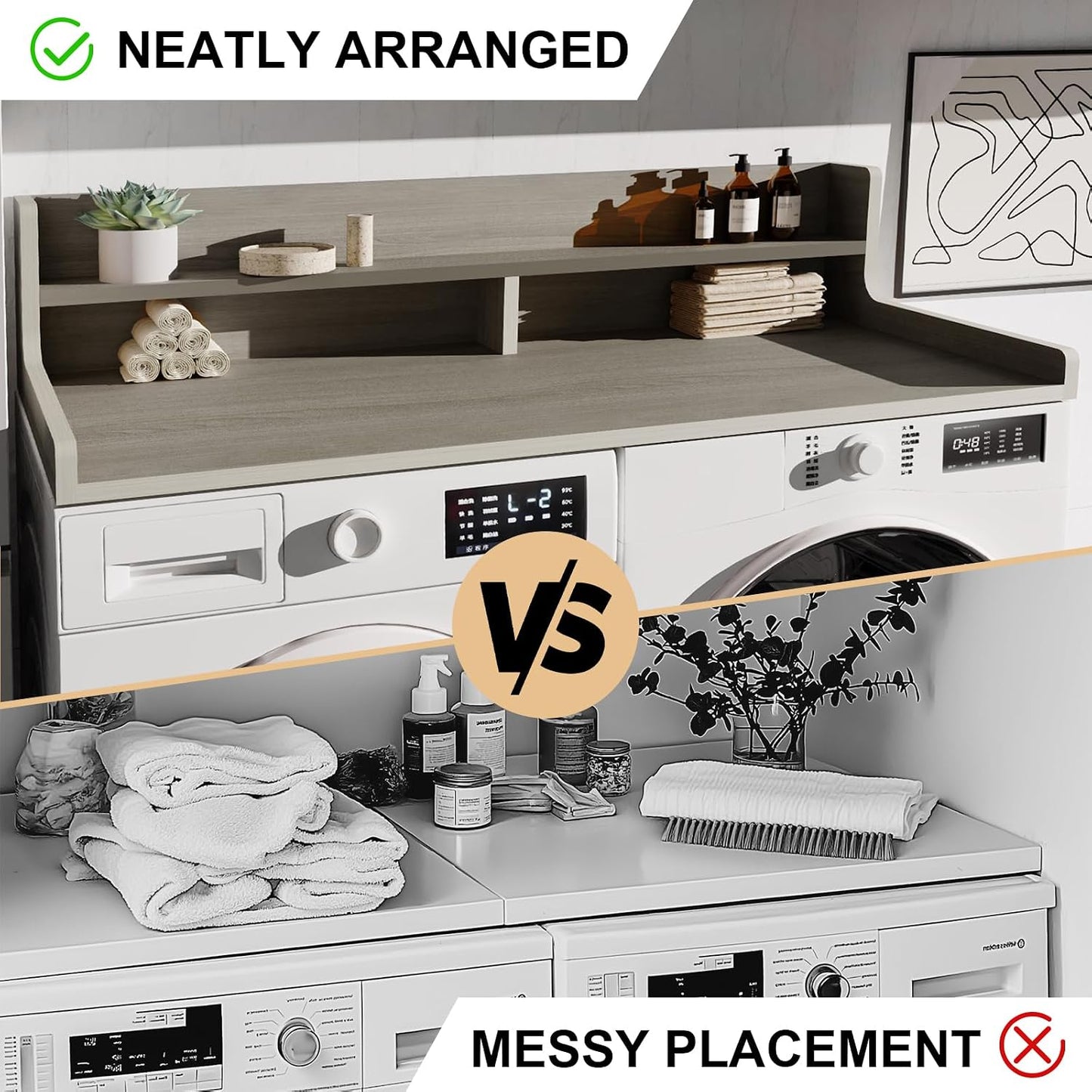 Washer Dryer Countertop, 54" x 27.55" 2-Tier Washer Dryer Topper with Edge, for Laundry Room Organization Oak