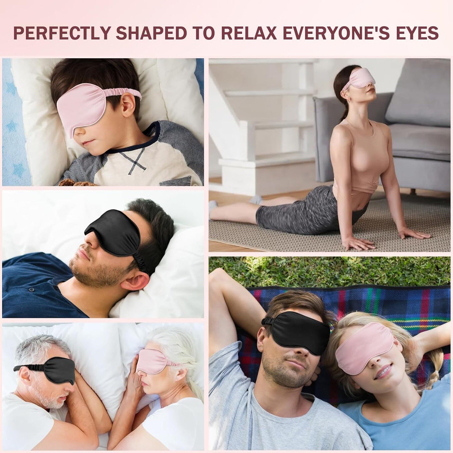 Amrules Sleep Mask Set of 2, Adjustable Silk Eye Mask for Sleeping, Soft Sleeping Eye Shade Cover for Women, Good for Blocking Light, Reducing Puffiness, Enhancing Sleep Quality (Blush Pink & Black)