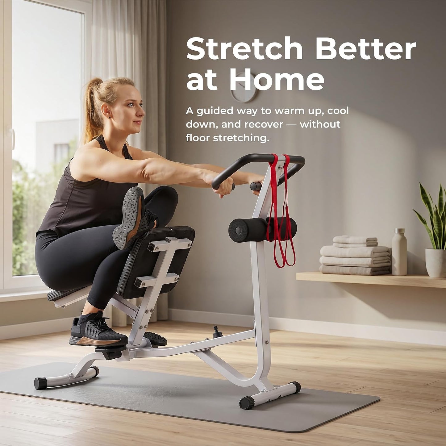 Sunny Health & Fitness Full Body Stretch Machine Back Stretcher Pivot Seat | Pivoting Seat, Multi-Use Handlebar, Padded Back Support, Full-Body Stretching, Flexibility Training, Home Gym Use