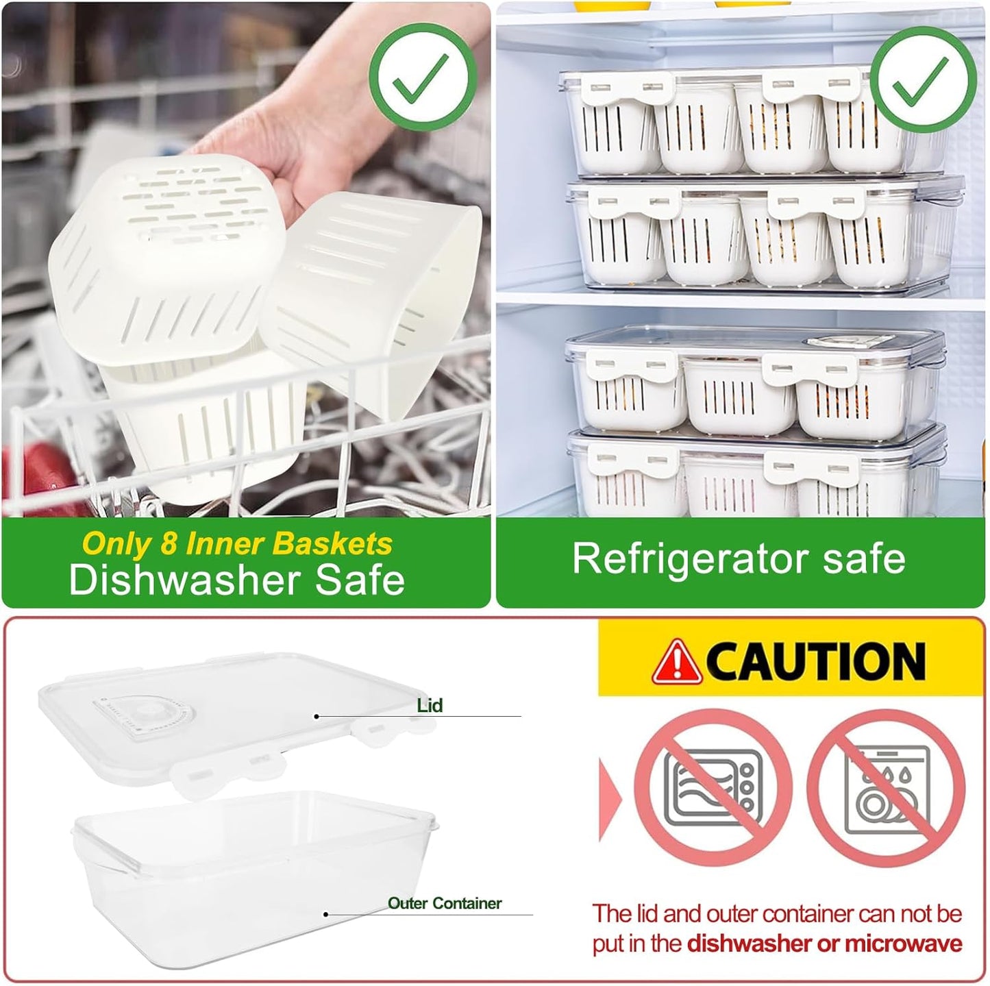 Fruit Storage Containers for Fridge with Lid and Handle, Veggie Tray Bins | Portable Fresh Produce Saver, Food Storage Container with 4 Removable Strainers,Salad Bar for Berry, Vegetable, Refrigerator