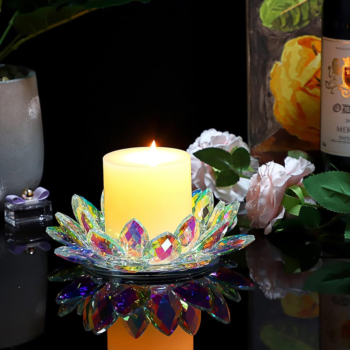 OwnMy Crystal Lotus Flower Candle Holder for Pillar Candles up to 3 Inch | Clear Lotus Flower Pillar Candle Holder Tea Light Holder, Glass Lotus Petal Votive Candle Stand for Wedding Party Home Decors