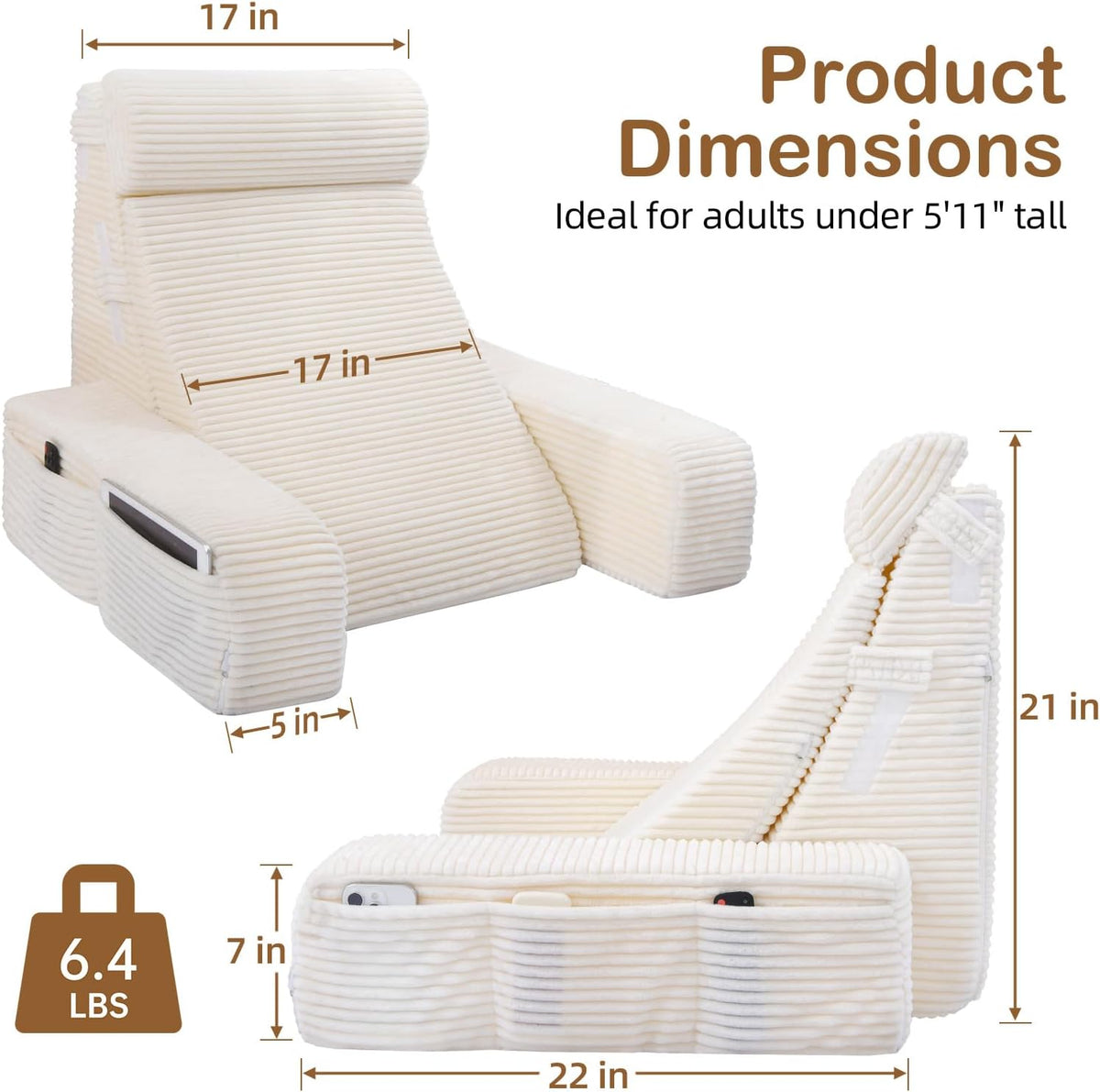 Vekkia 21" Reading Pillow for Adults with Armrests and Adjustable Backrest